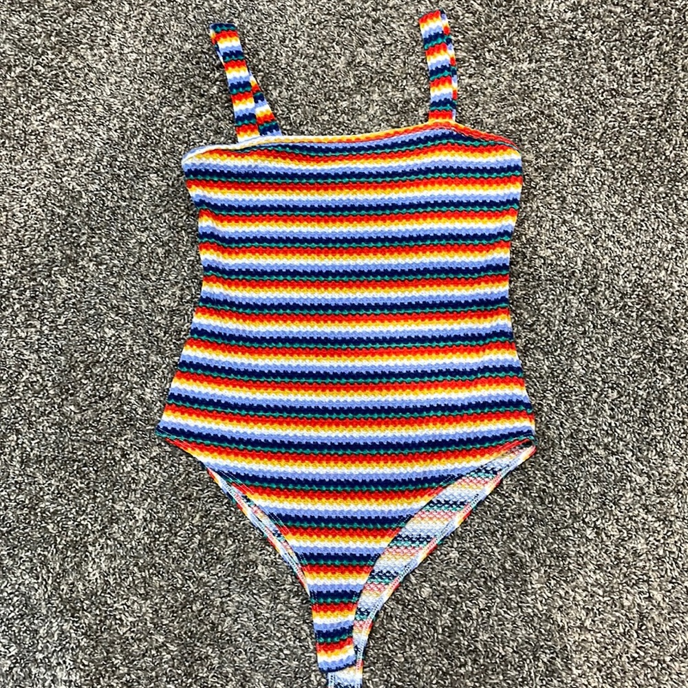 Rainbow thong bodysuit. Worn twice. Crochet like texture but soft